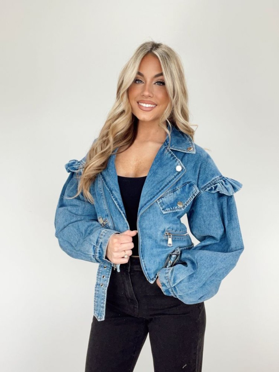 Lane 201 | Ruffle Biker Denim Jacket