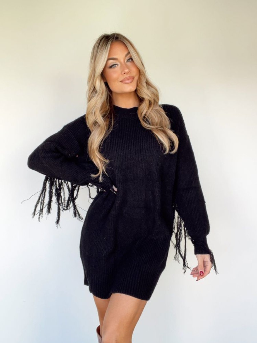 Lane 201 | Black Fringe Sweater Dress