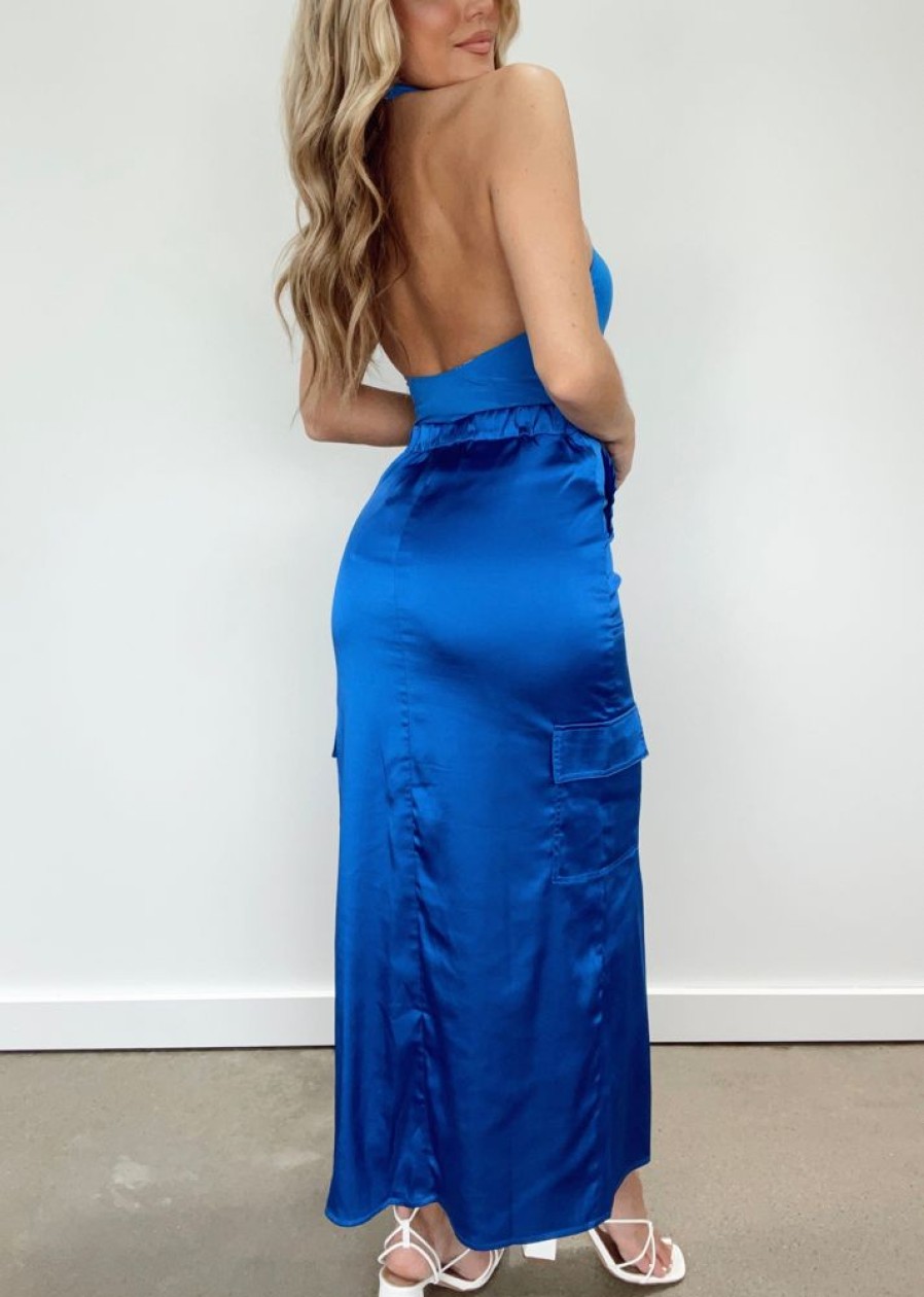 Lane 201 | Blue Satin Cargo Skirt